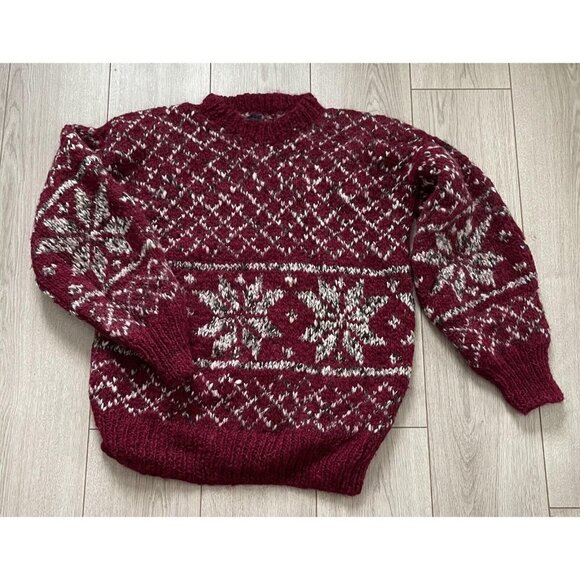 Vintage Indian Weavings Men's Pure Wool Handmade Chunky Knit Sweater Red White - Picture 2 of 9